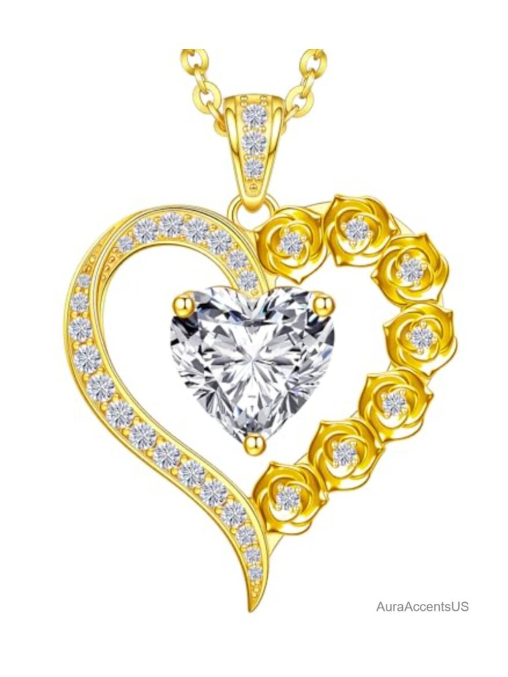 Moissanite Heart Rose Flower Pendant Necklace 18K Gold Plated Sterling Silver